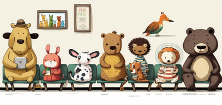Generative AI illustration of adorable different cartoon animals sitting on chairs in row against beige wall with paintings in Pediatrician waiting roomの素材