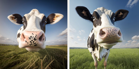 Wide angle view of 2 funny milk cows on a meadow for agriculture illustrations or advertising. Generative AIの素材