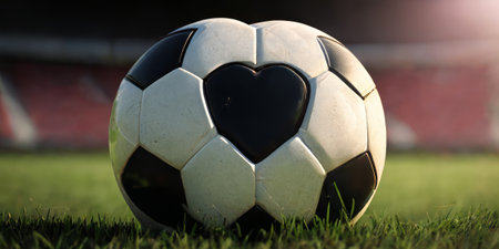 AI generated illustration of black and white colored ball in form of heart placed on green grass of soccer stadiumの素材