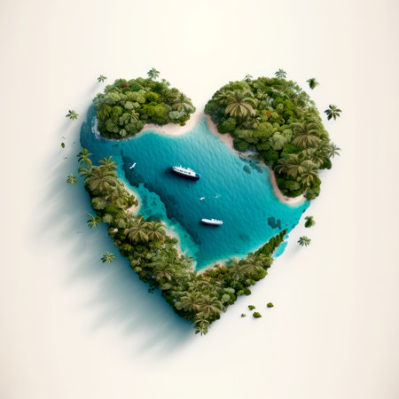 Generative AI illustration top view of heart shaped island with green exotic palms and turquoise sea water on beige backgroundの素材