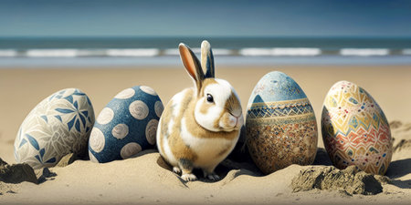 Generative AI illustration of Easter eggs with different ornaments and small rabbit sitting on sandy beach against blurred background of oceanの素材