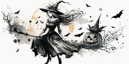Generative AI watercolor illustration of spooky witch in dress and hat flying on broom against full moon near Halloween bats and pumpkinの素材