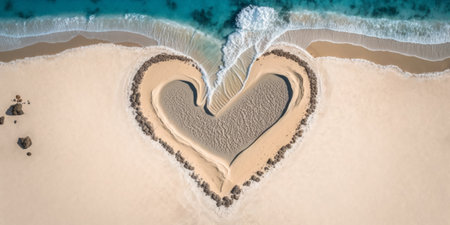 Generative AI illustration top view of turquoise wavy sea with foam near heart shaped sand on beach during sunny summer dayの素材