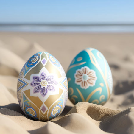 Generative AI illustration of colorful Easter eggs with patterns placed on sandy beach on sunny spring day against blurred background of sea and cloudless blue skyの素材