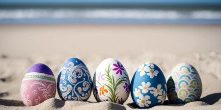 Generative AI illustration of different colorful Easter eggs placed on sandy beach in sunny weather against blurred background of oceanの素材