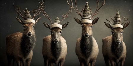Christmas Greeting Card with some cute reindeers in a row in illustrative ai generative style.の素材