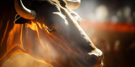 Generative AI illustration of strong bull with big horns on Spanish bullring during traditional show of bullfight against blurred backgroundの素材