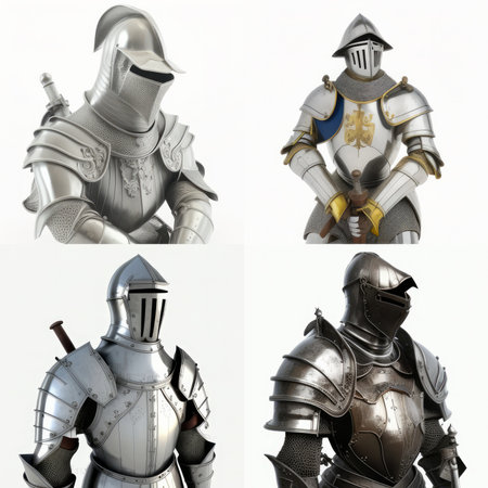 Generative AI illustration collage of medieval knights armor consisting of protective helmets and swords isolated on white backgroundの素材