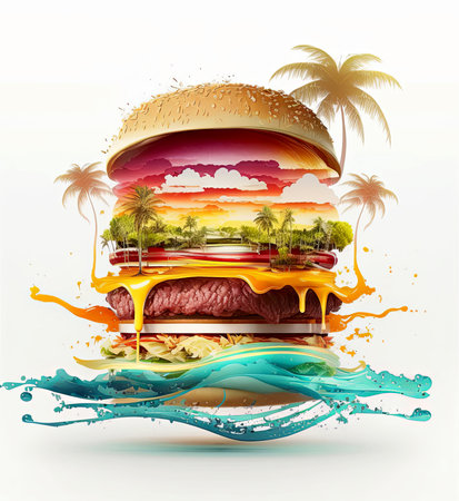 Holdiay Food Advertising. A generative ai Burger illustration with palms and ocean for food advertising or holiday concepts.の素材