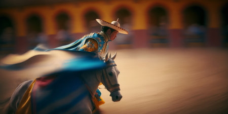 Generative AI illustration of matador in traditional clothes and straw hat riding horse on bullring during bullfightの素材