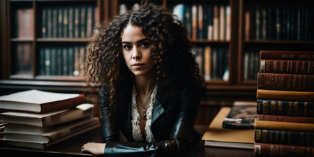 Generative AI illustration of serious young curly haired ethnic female in black leather jacket leaning on table and looking at camera in libraryの素材