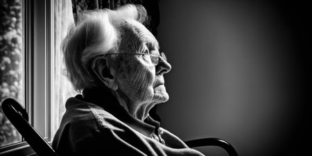 Generative AI black and white illustration of pensive senior female sitting in wheelchair near window and looking awayの素材