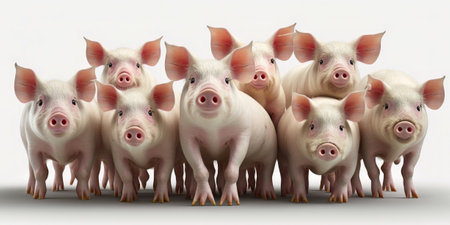 Generative AI illustration of adorable domestic pigs with pink piglets isolated on white backgroundの素材