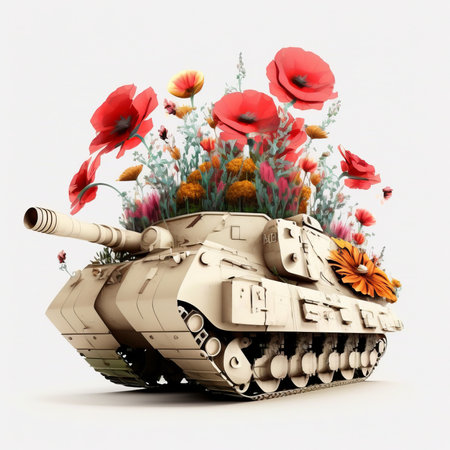 Generative AI illustration of military battle tank with blooming red poppy flowers placed on white background peace and no war conceptの素材