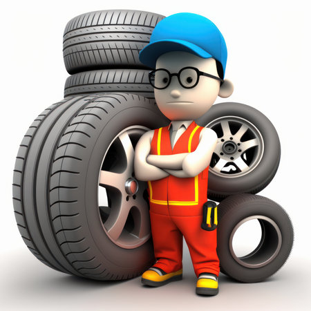 Generative AI illustration of serious male mechanic in uniform and cap standing near pile with wheels with crossed arms on white backgroundの素材