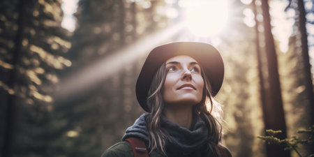 Generative AI image of low angle of attractive woman in hat with long hair looking away thoughtfully against trees growing in forest during trekkingの素材