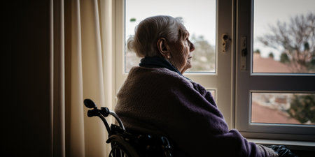 Generative AI illustration of thoughtful mature female with gray hair sitting in wheelchair and looking at windowの素材