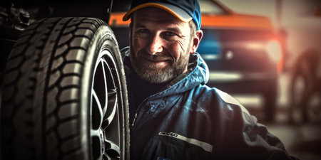 Generative AI image of smiling bearded male technician in uniform and cap standing near automobile in car service and looking at cameraの素材