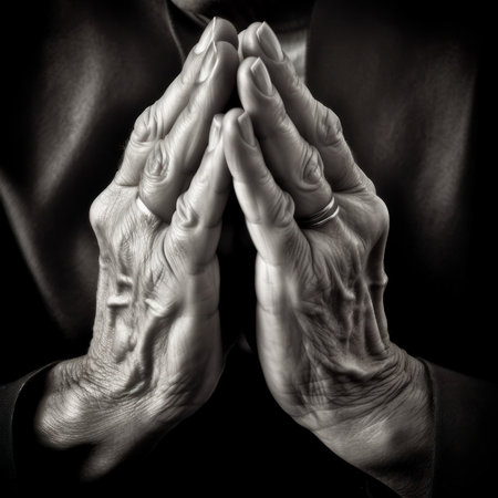 Generative AI black and white image of unrecognizable senior person in suit meditating with Namaste gesture while touching both hands together in daylightの素材