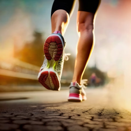 Generative AI image of back view of legs of crop female wearing sports shoes while jogging on walkway during fitness trainingの素材