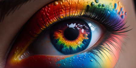 Generative AI illustration of closeup female eye with rainbow iris and makeup and long eyelashesの素材