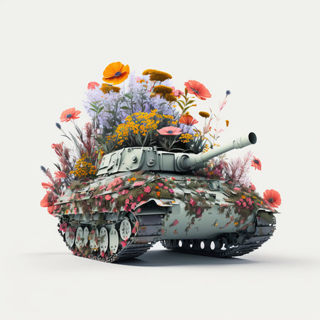 Generative AI illustration of tank decorated with various blooming flowers placed on white backgroundの素材