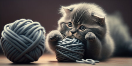 Generative AI illustration of adorable gray fluffy cat lying on floor and playing with blue yarnの素材