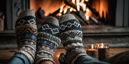 Generative AI image of unrecognizable couple in colorful socks relaxing on bed near burning fireplace in candle light in wintertimeの素材
