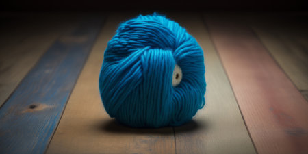 Generative AI illustration of blue woolen yarn ball placed on colorful timber floorの素材