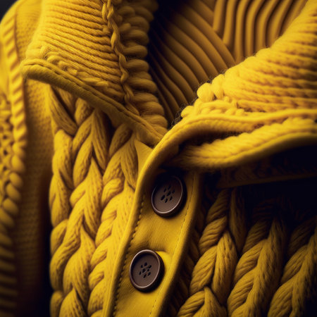 Generative AI illustration of warm bright yellow knitted woolen sweater with brown buttonsの素材