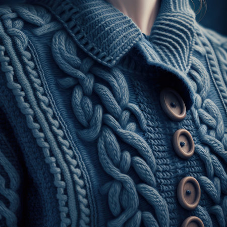 Generative AI illustration of blue warm knitted sweater with brown buttons and soft textureの素材