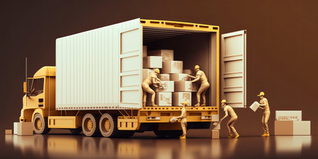 Generative AI cartoon illustration of warehouse workers loading boxes in big heavy truck representing concept of logistics and freight transportationの素材