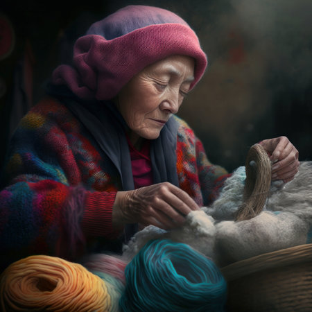Generative AI illustration of senior Asian woman in warm knitted clothes focusing while sorting wool near colorful yarnsの素材