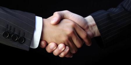 Generative AI illustration of crop anonymous male business partners in formal suits shaking hands on black backgroundの素材