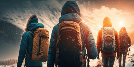 Generative AI illustration of faceless tourists in warm clothes with backpacks exploring snowy mountains and admiring picturesque sunset sky during hiking tourの素材