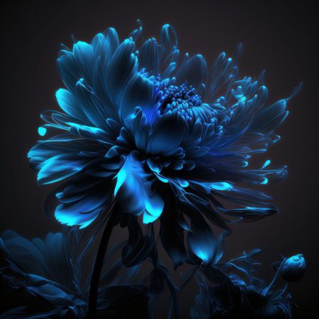Generative AI illustration of glowing blue flower with buds and lush petals against dark backgroundの素材