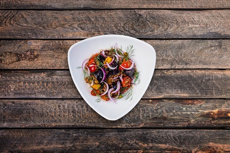 Asian salad with eggplants, tomatoes and garlic.の写真素材