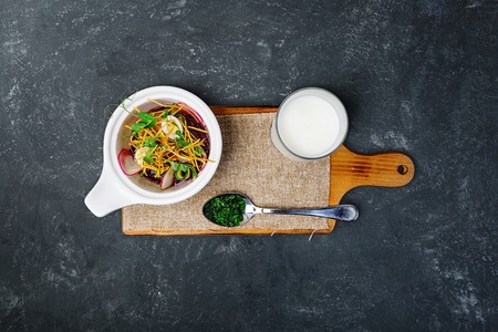 Bowl of red beetroot soup.の写真素材