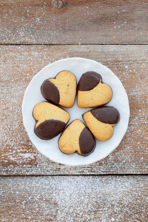 Composition of food, heart-shaped cookies, top viewの写真素材