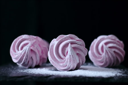 Pink raspberry marshmallows dessert on cake stand and black background. Close upの写真素材