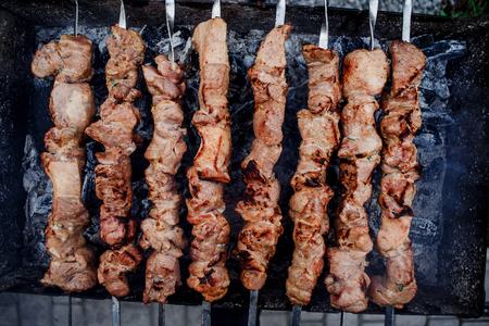 Juicy grilled kebab on grill in nature close-up. spaceの写真素材
