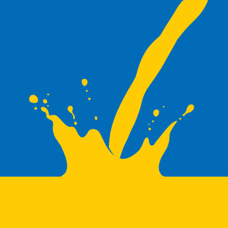 Orange Juice Splash, with pour, simple flat graphic illustration on blue background.の写真素材