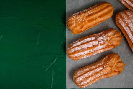 French dessert eclair. Delicious food, top viewの写真素材