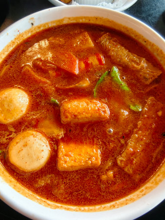 Spicy red broth soup with fish balls, tofu, crab sticks, and chilies served in white bowl.のeditorial素材
