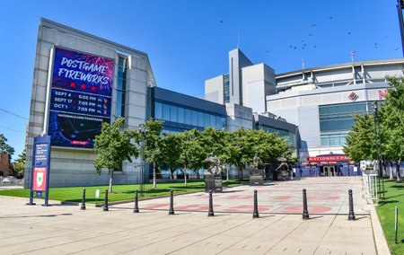 Washington, DC, USA - September 2, 2021: Exterior of Nationals Park as Seen from the Home Plate Entrance, with Statues of Washington Baseball Heroes in the Foregroundのeditorial素材