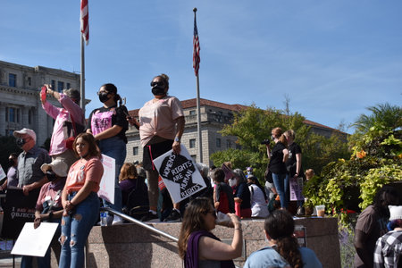 Washington, DC, USA - October 2, 2021: Activists Gather at Freedom Plaza to Support Abortion Rights...