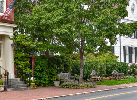 Alexandria, Virginia, USA - October 8, 2021: Garden and Benches Along South Fairfax Street in Old Town Alexandriaのeditorial素材