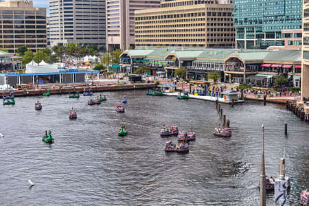 Baltimore, Maryland, USA - October 9, 2021: Looking Out Over the Baltimore Inner Harbor Where...