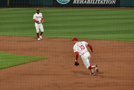 Philadelphia, Pennsylvania, USA - September 21, 2021: Philadelphia Phillies First Baseman Brad Miller Fields a Ground Ball in a Game Against the Baltimore Orioles at Citizens Bank Parkのeditorial素材