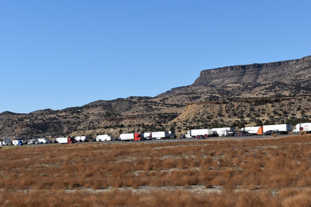 McCartys, New Mexico, USA - November 21, 2021: Accident on I-40 near Grants, New Mexico has westbound traffic on I-40 at a standstillのeditorial素材
